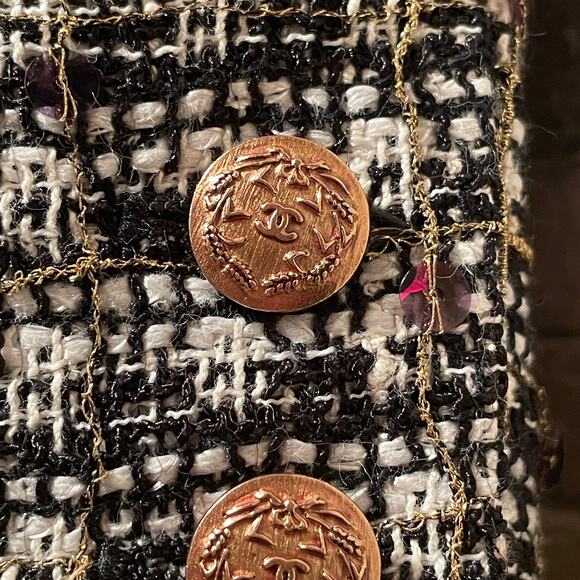 Chanel 05 Black White Plaid Tweed Sequin Jacket FR 40 | Gold Buttons Blazer Rare - Picture 10 of 16